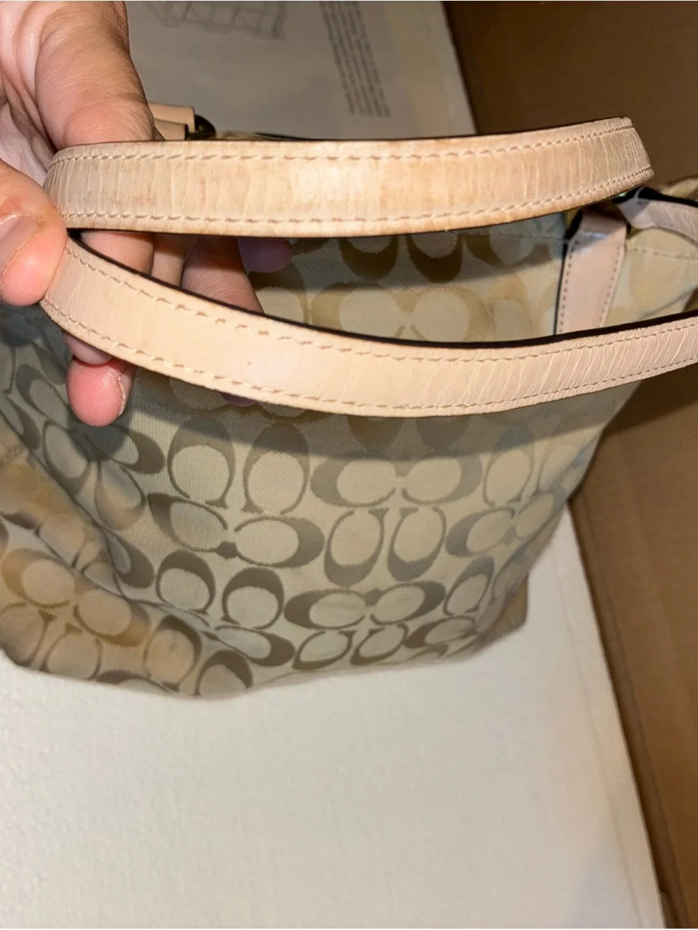 COACH Beige Signature Tote with Teal Center Stripe.